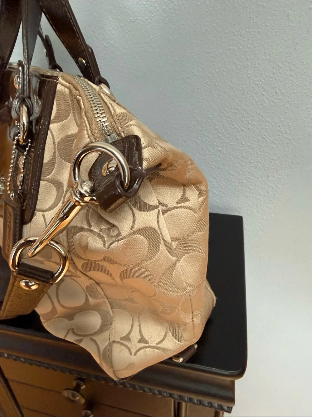 Coach Two-Tone Signature Satchel in Brown and Tan